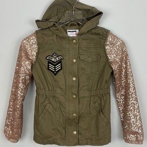 Girls Army Green Jacket | Gold sequins and patches | Hoodie with zip/button | M